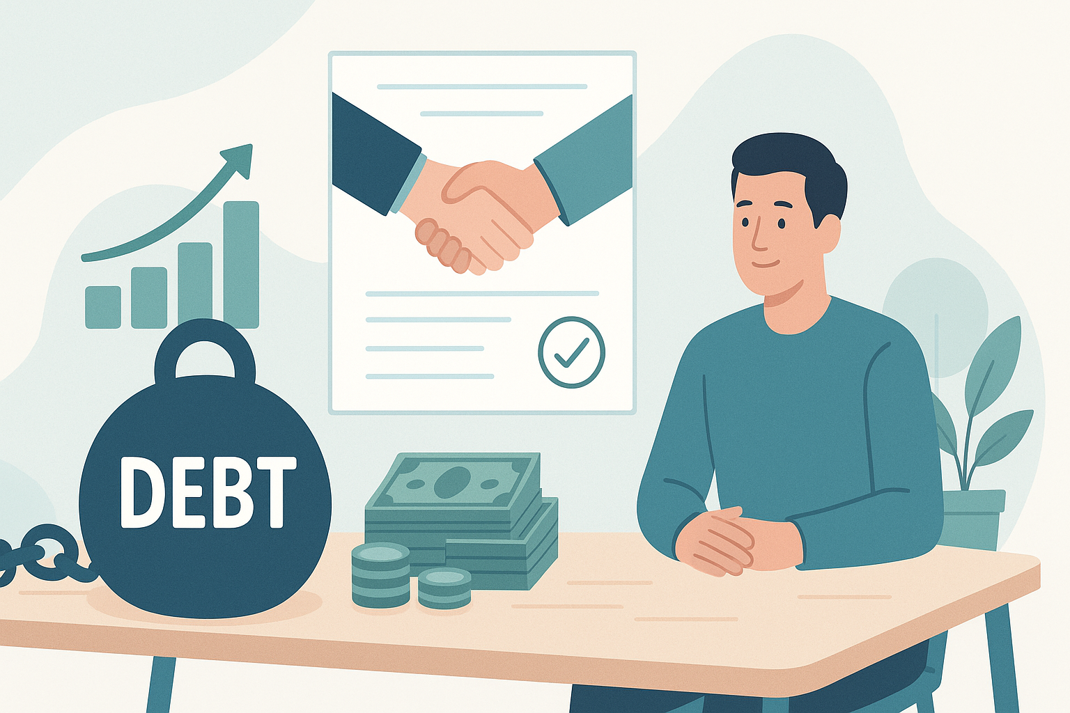 Illustration explaining debt settlement negotiations and consolidation loan alternatives